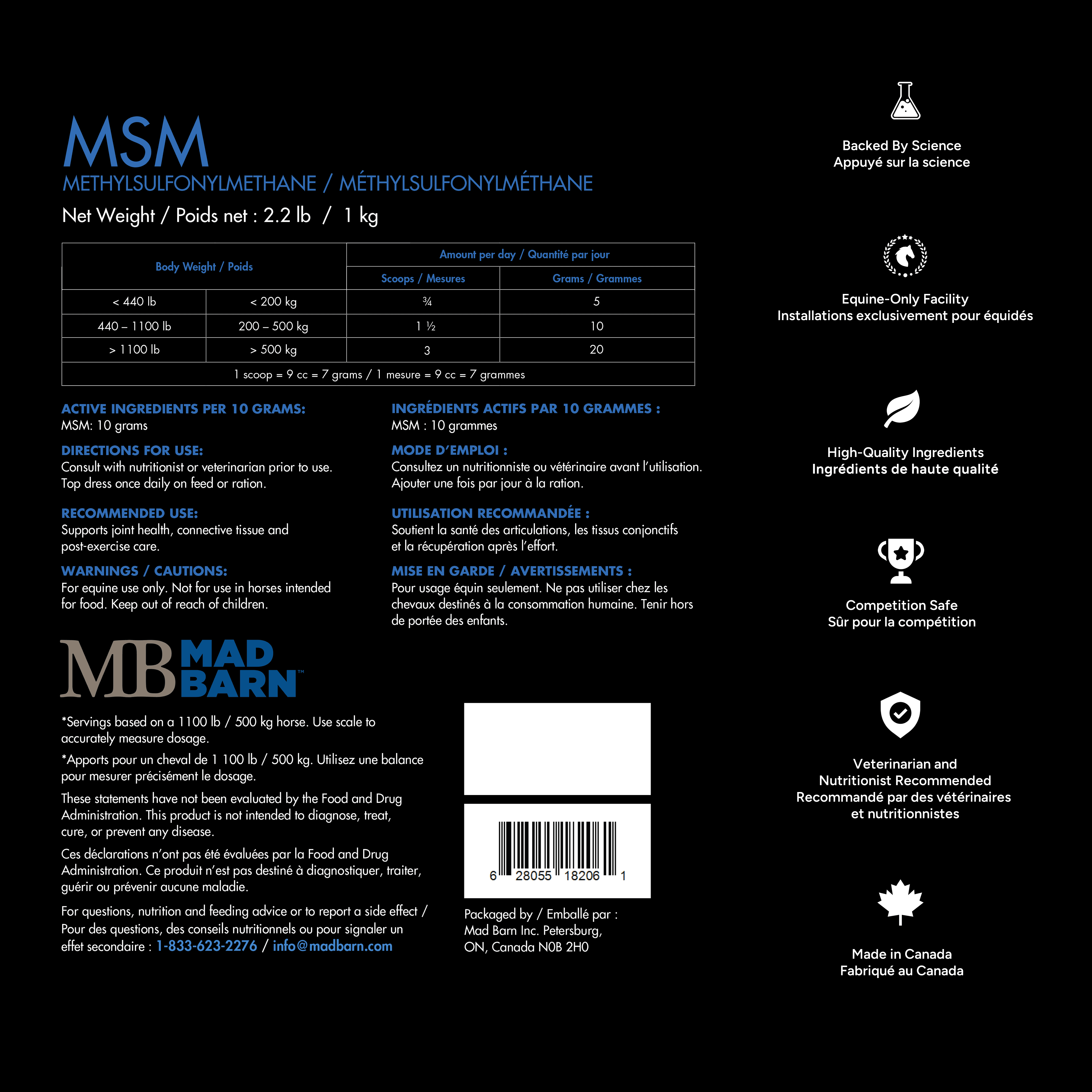 MSM Powder - Equine Supplement - Joint Supplement - Ingredient Label - Mad Barn | Mad Barn USA MSM Powder - Equine Supplement - Joint Supplement - Ingredient Label - Mad Barn
